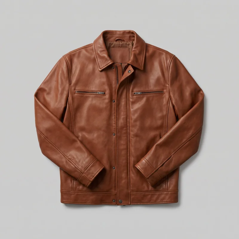 A mostly complete front view of a brown leather waist-length jacket laid flat against a backdrop. It has a pointed spread collar, structured shoulders, long sleeves, two high horizontal chest zip pockets, and a central zipper concealed beneath a full-length storm placket with visible snap fasteners. Vertical front seams, shoulder and sleeve panel detailing, plain cuffs, and a wide bottom band are also visible.