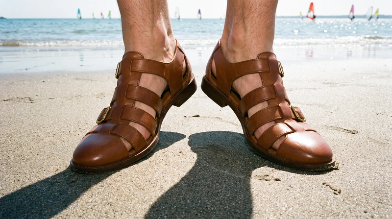Men's tan strappy sandals are shown on both feet in a front view, with the heels lifted. A Windsurfing Bay backdrop is visible.
