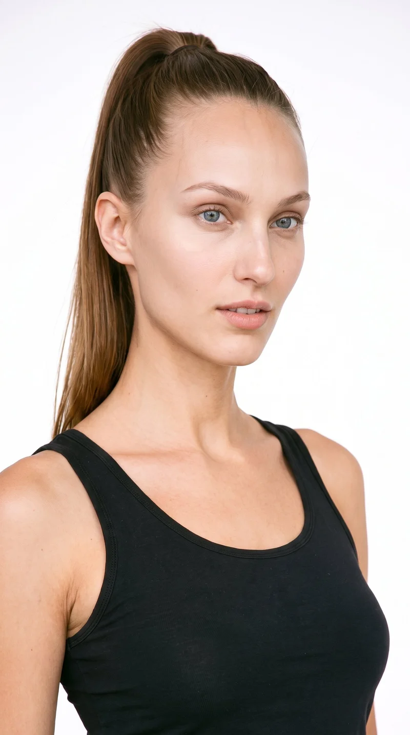 A 23-year-old Caucasian woman with medium skin and a cool undertone has an elongated, aristocratic face defined by high cheekbones. She has thin eyebrows, blue eyes with a cool undertone, and thin lips. Her medium-brown hair is pulled into a high ponytail.