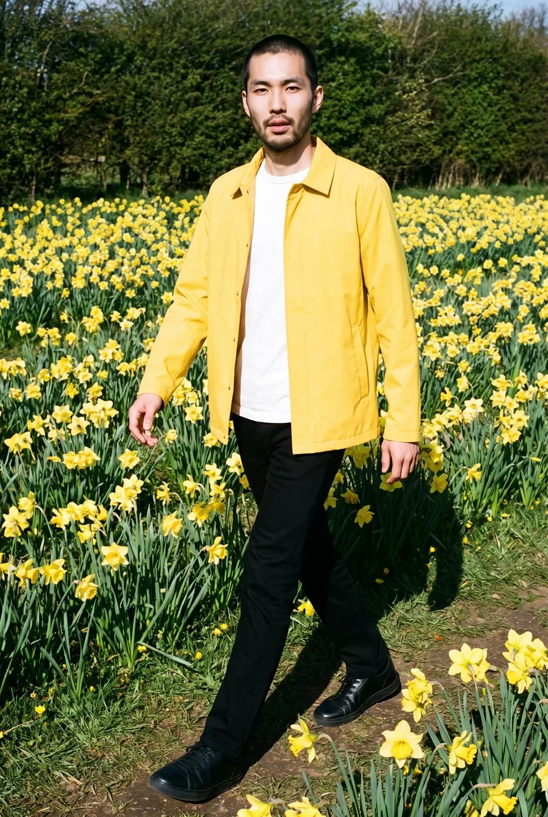 A 32-year-old Japanese man is shown full body from the front while walking in a yellow rain mac, with a sultry facial expression. A daffodil field forms the backdrop.