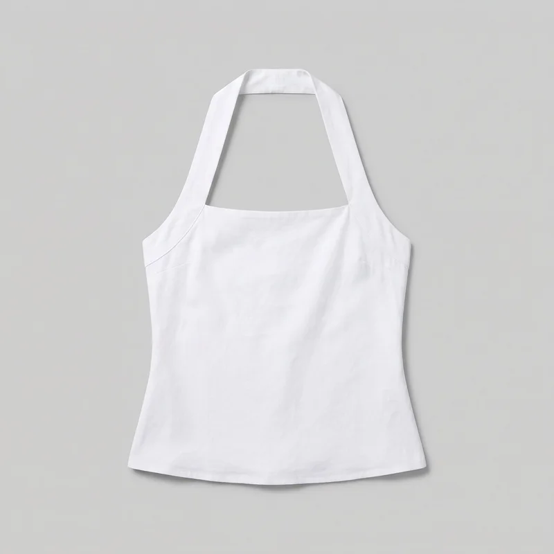 White sleeveless halter tank top shown laid flat in a standalone front view. The top has a straight square neckline, wide halter straps, open shoulders, curved armholes, a slim body-skimming fit, and a straight hip-length hem, with visible topstitching and shaping seams.