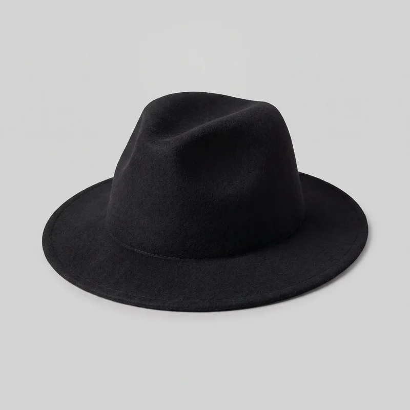 A standalone black wool fedora with a structured pinched crown, shallow center crease, and continuous circular brim. The brim has a rounded edge with visible stitching near the perimeter, and the crown meets the brim without a separate band or visible logo, print, patch, embroidery, closure, or embellishment.