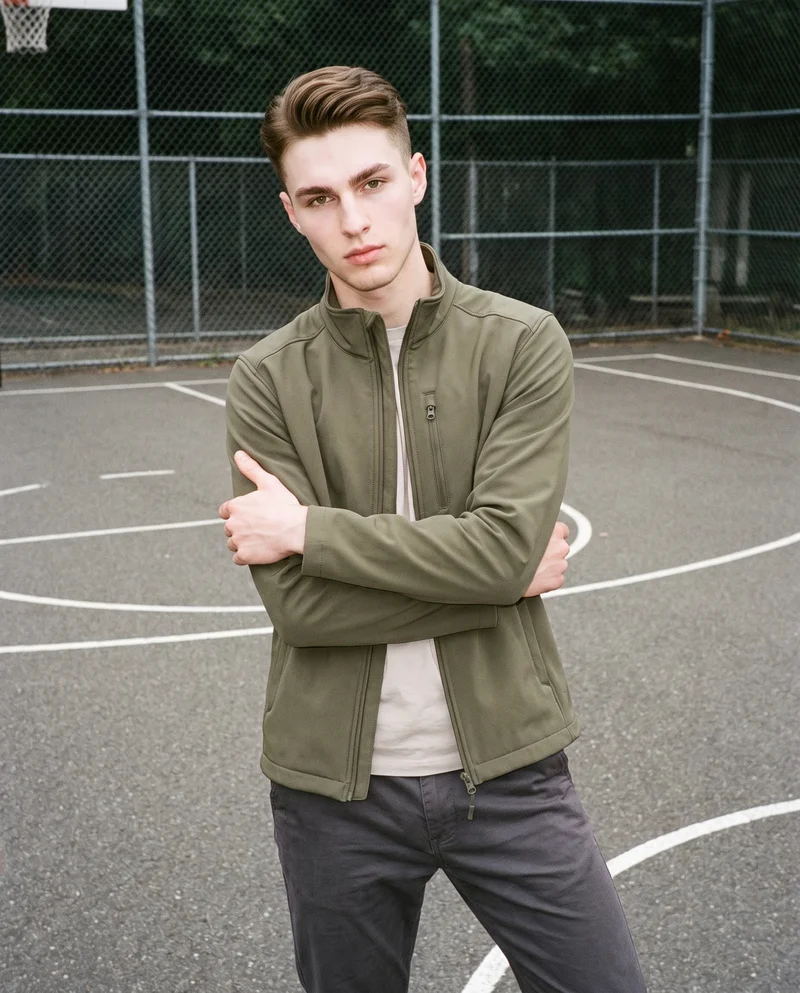 A 21-year-old Caucasian male model wears a men’s olive softshell jacket in a front-view, three-quarter-length composition. He poses with a self-hug and a natural facial expression against a basketball court backdrop.