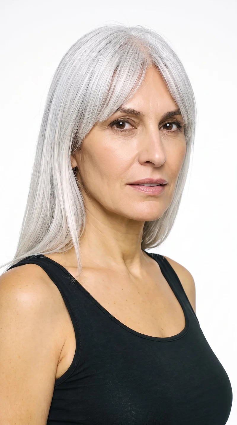 A 58-year-old Caucasian woman with medium olive skin and a warm golden undertone. Her square face has a broad forehead and a strong, defined jaw, creating an angular, structured appearance. She has thin eyebrows, brown eyes, and thin lips. Her silver-grey hair has a cool shine, with longer bangs parted at the center and framing both sides of her face.