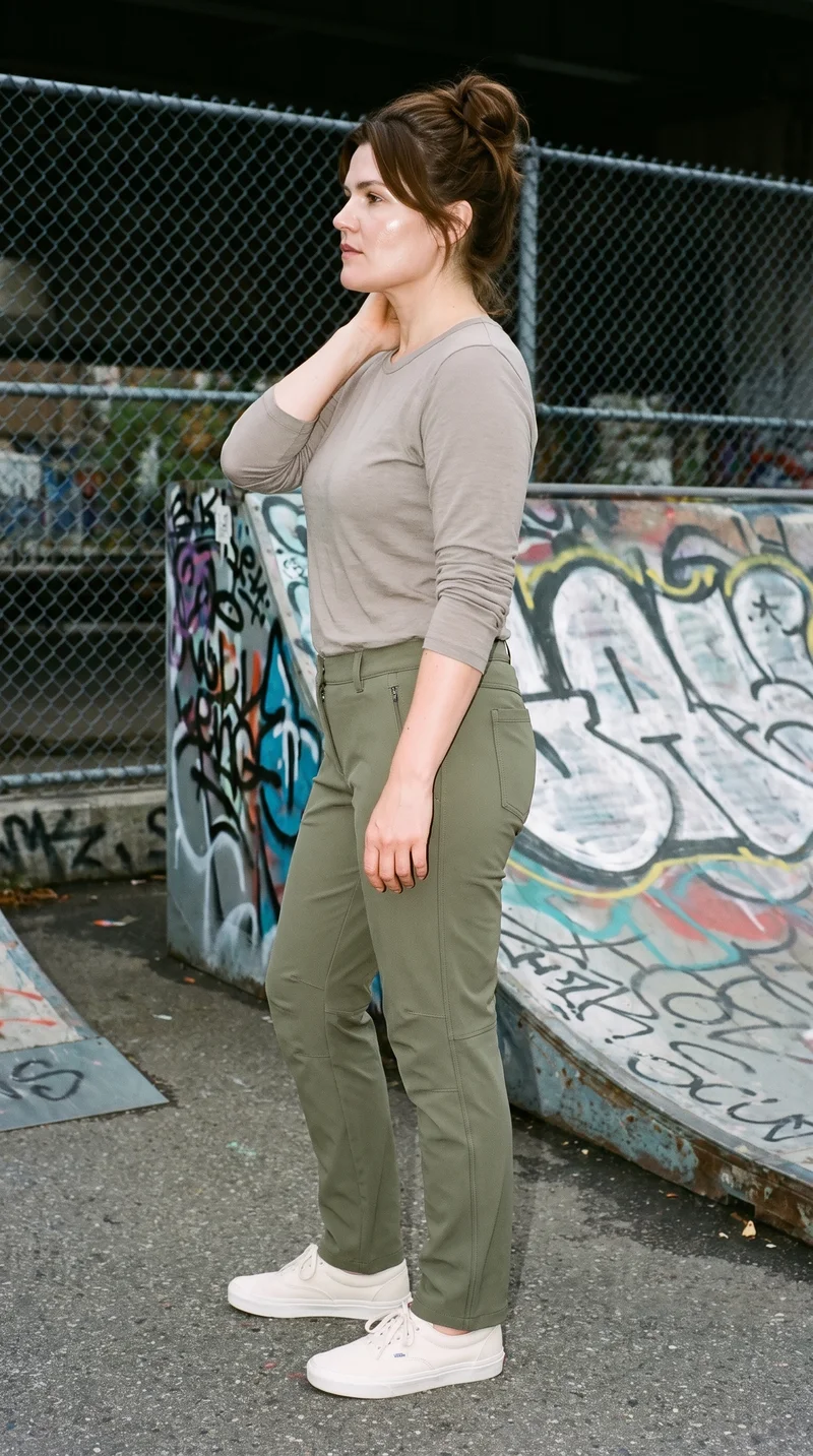 A 41-year-old Slavic woman is shown full body in side view wearing women's olive softshell hiking trousers. She poses with one hand behind her neck and a confident expression against a skate park backdrop.