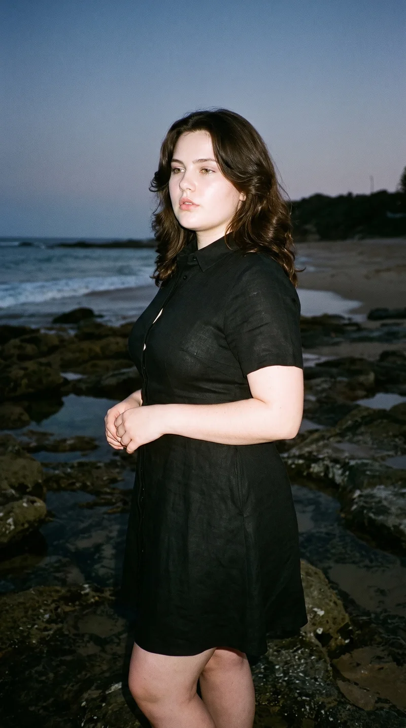 Black Linen Shirt Dress, Three-quarter length at Three-quarter, Clean Catalog lighting