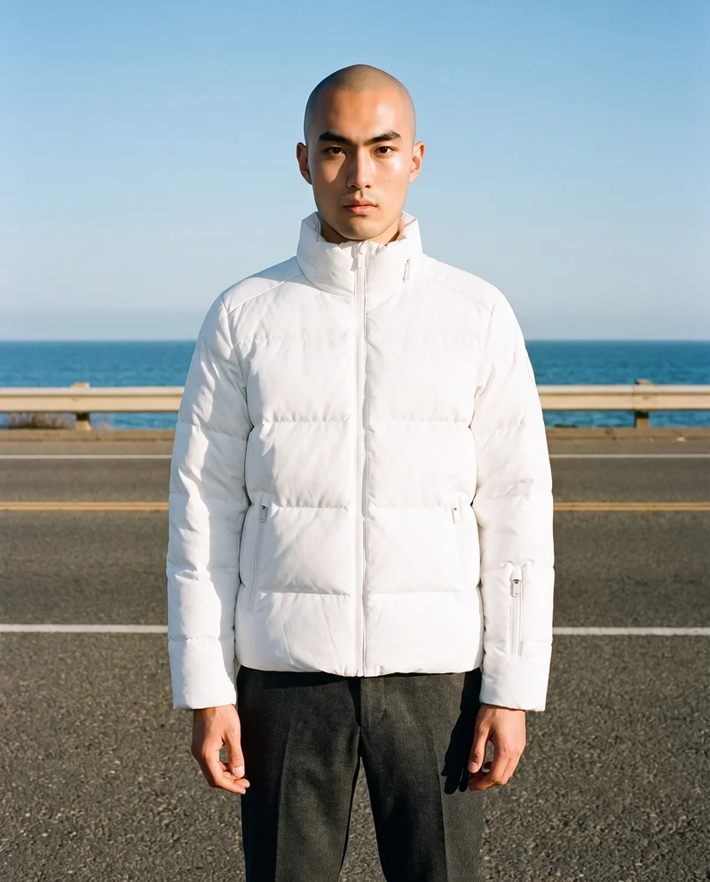 Men's White Padded Ski Jacket, Three-quarter length at Three-quarter, Flash Editorial lighting
