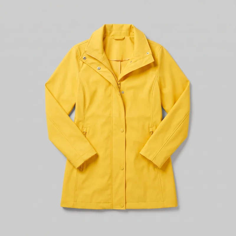 A complete front view of a women's yellow rain mac laid flat against a backdrop. The jacket has a stand collar opened into a V shape, a visible front zipper beneath an overlying snap storm placket, long straight sleeves, set-in shoulders, princess-style shaping seams, and two low zippered front pockets. It has a straight jacket-length hem with a bottom hem band and visible seam detailing.