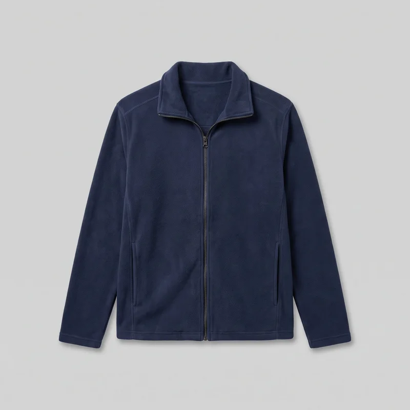 A mostly complete front view of a men's navy fleece jacket, laid flat or ghost-displayed. The regular-fit jacket has a hip-length straight body, a high stand collar folded open, long sleeves, a full-length center zipper, two vertical welt-style hand pockets, curved shoulder seams, vertical front panel seams, and stitched edging at the cuffs and straight hem. No logos, prints, patches, embroidery, or embellishments are visible.