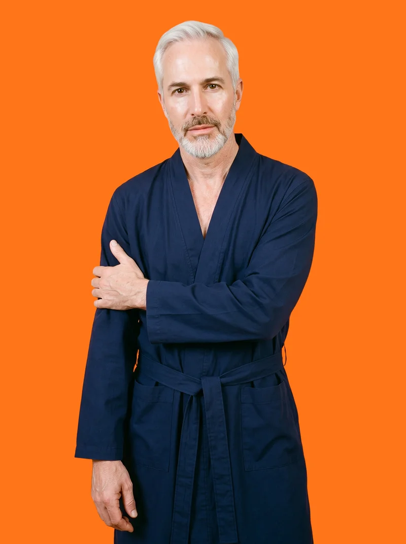 Men's Navy Cotton Dressing Gown, Three-quarter length at Three-quarter, Studio Cutout lighting