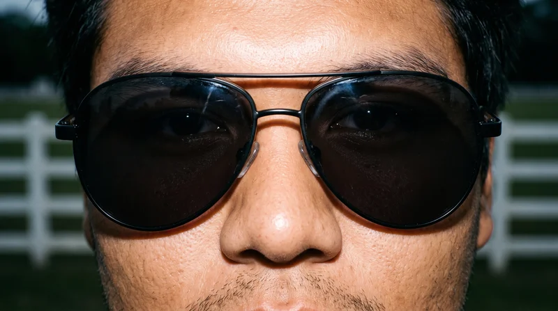 Men's black aviator sunglasses shown from the front on a male model, with the frame focused on the eyes and the head held level. A polo field serves as the backdrop.