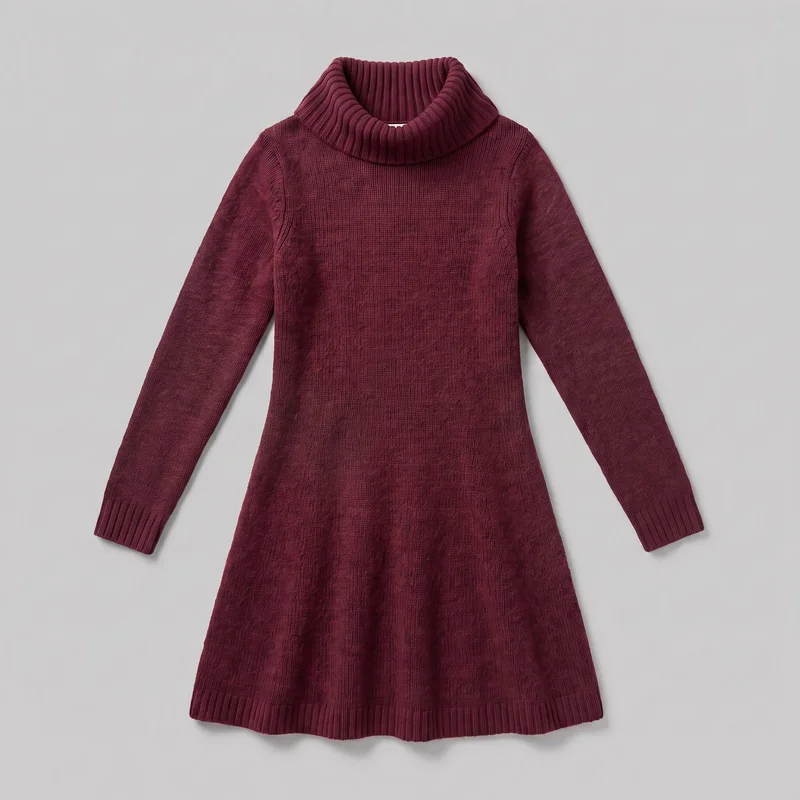 A mostly complete front-view flat lay of a burgundy women's knit sweater dress. The dress has a high foldover ribbed turtleneck, long straight sleeves with ribbed cuffs, subtle vertical textured knit panels near the upper armholes, an A-line skirt, and a straight ribbed bottom hem.