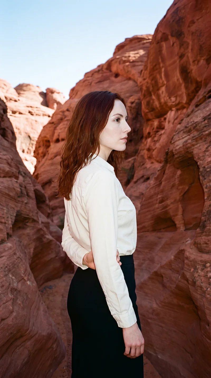 A 25-year-old Caucasian woman wears a black pencil skirt in a three-quarter-length side view. She poses with one elbow behind her back and has a serious facial expression, with red rock formations as the backdrop.