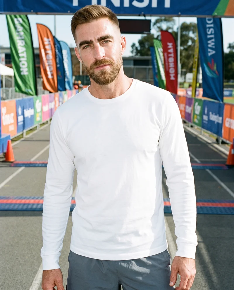 Men's White Long-Sleeve Tee, Upper body at Three-quarter, Natural E-Commerce lighting