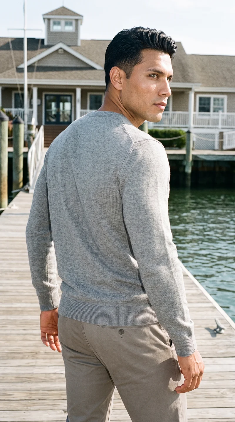 Men's Grey Cashmere Knit, Three-quarter length at Back, Natural E-Commerce lighting