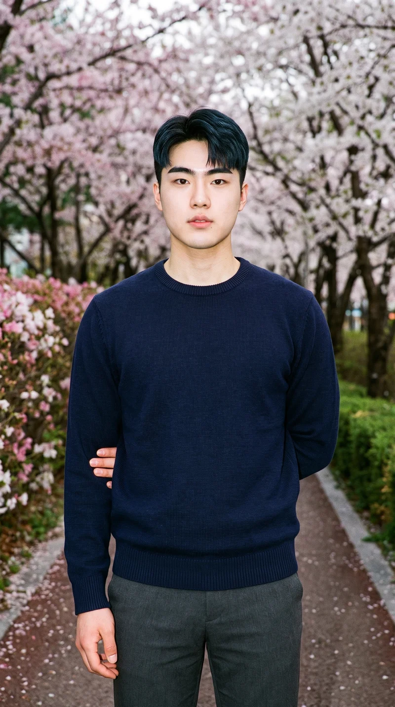 A 20-year-old Korean man wears a navy wool pullover jumper in a front-facing, three-quarter-length view. He poses with one elbow behind his back and a confident expression, against a Cherry Blossom Park backdrop.
