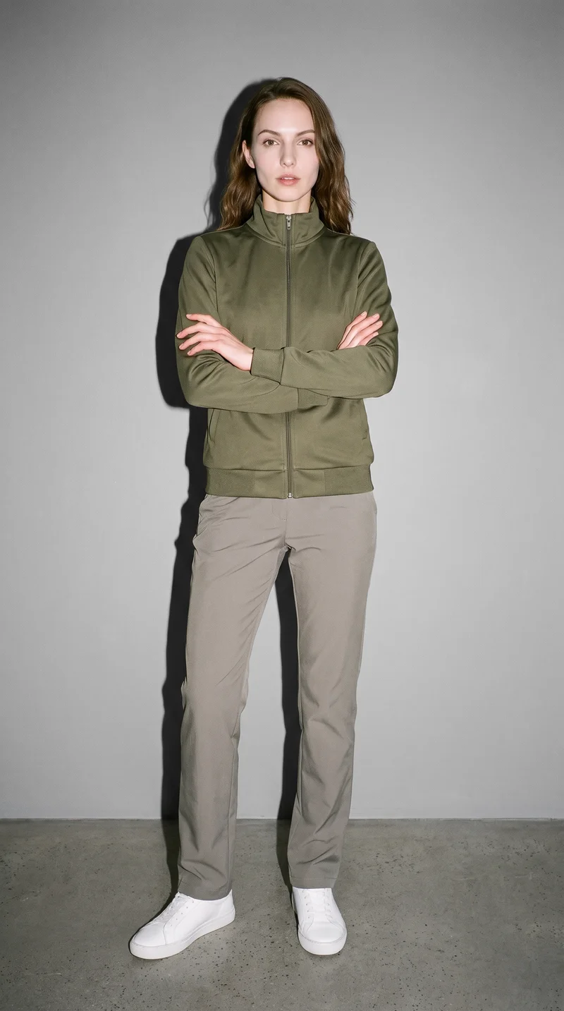 A 26-year-old Caucasian woman is shown full body from the front wearing a women's olive tracksuit top, with her arms crossed and a natural facial expression. A pebble grey studio-wall backdrop fills the background.