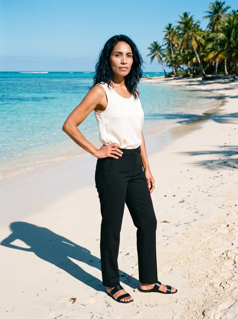 A 45-year-old Hispanic woman wears black suit trousers in a full-body front three-quarter view, standing with one hand on her hip and a neutral expression. A palm tree beach backdrop is visible behind her.
