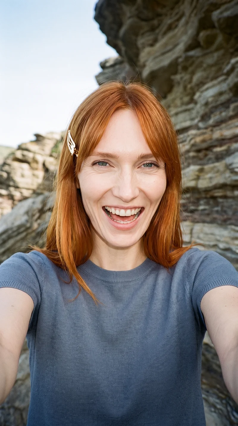 A 29-year-old Caucasian woman wears a gold hair clip in a front-view selfie. Her head is tilted, and she is laughing against a Badlands backdrop.