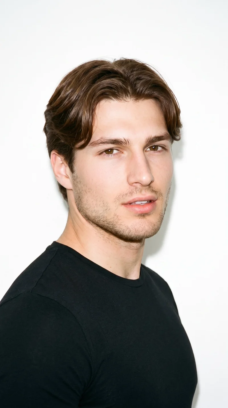 A 25-year-old Caucasian man with fair skin and a cool undertone. His face has smooth, even, softer features in a refined balance, with thin eyebrows, brown eyes, and full lips. His chestnut-brown hair has a reddish undertone and is divided at the centre, falling evenly to both sides. Fine, closely trimmed light stubble lightly covers the beard area.