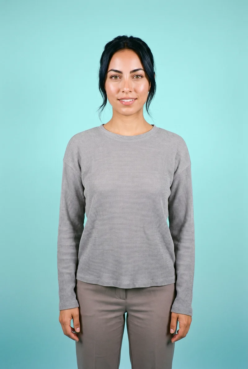 Women's Grey Waffle-Knit Long-Sleeve Tee, Three-quarter length at Front, Clean Catalog lighting