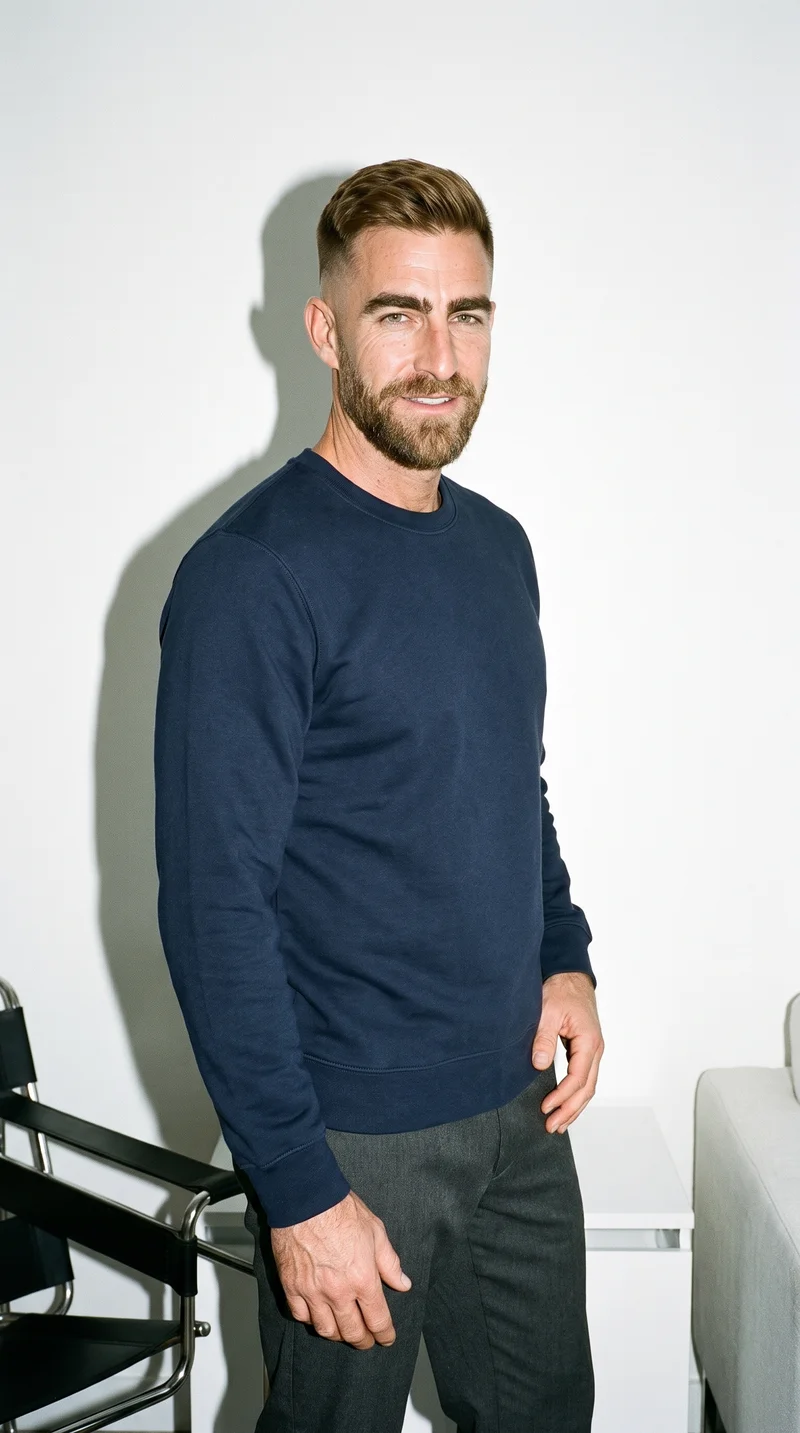 A 45-year-old Caucasian man wears a navy cotton crewneck sweatshirt in a three-quarter-length frame. He is shown from a front three-quarter angle with one hip out and a smiling expression, against a minimalist apartment backdrop.