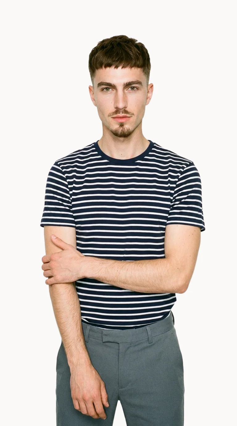 A 31-year-old Caucasian man wears a striped cotton T-shirt in an upper-body view from a front three-quarter angle. He holds one wrist with the opposite hand and has a neutral expression. A Chantilly Lace flat-color backdrop surrounds the studio-cutout composition.