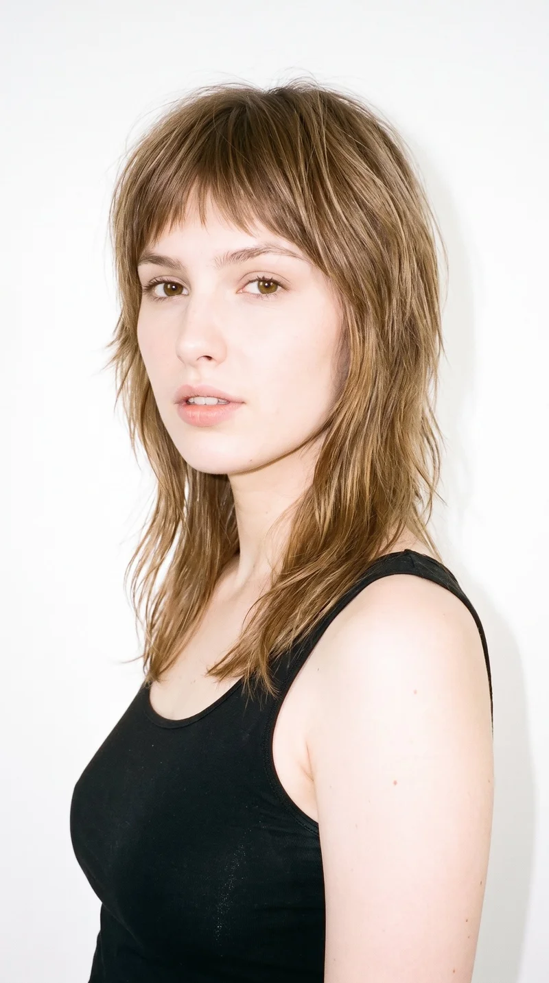 A 25-year-old Slavic woman with a porcelain skin tone and neutral undertone has an oval face with balanced proportions and a softly rounded jaw. Her medium-thickness eyebrows frame hazel eyes with green-gold flecks, and she has full lips. Her light-brown hair is styled in a wolf cut with layered volume at the crown and tapered, textured lengths.