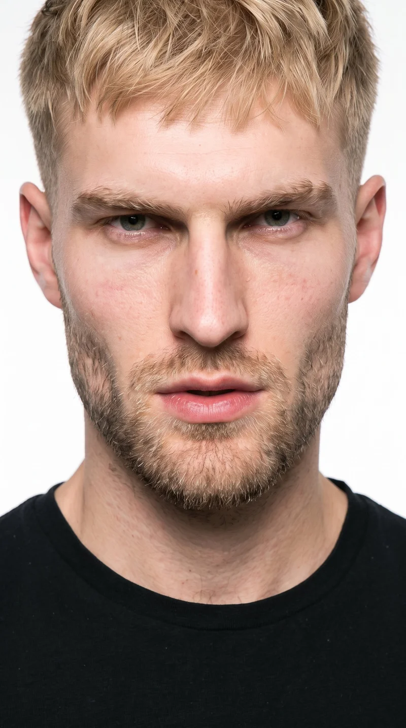 A 23-year-old Caucasian man with fair skin and a neutral undertone has a chiseled face with sharp, angular features, a defined jaw, and pronounced cheekbones. His thick eyebrows frame blue eyes with a cool undertone, and he has thin lips. His mid-tone blonde hair is styled in a short textured crop with layered texture on top and closely cut sides. Short, even three-day beard growth gives his face a clearly visible but closely groomed texture.