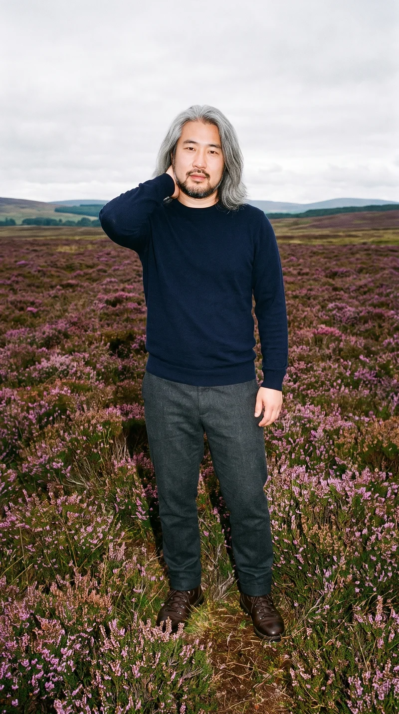 A 38-year-old Chinese man wears a navy merino knit in an environmental front-view composition, with one hand behind his neck and a confident expression. A Scottish Highlands moor serves as the backdrop.