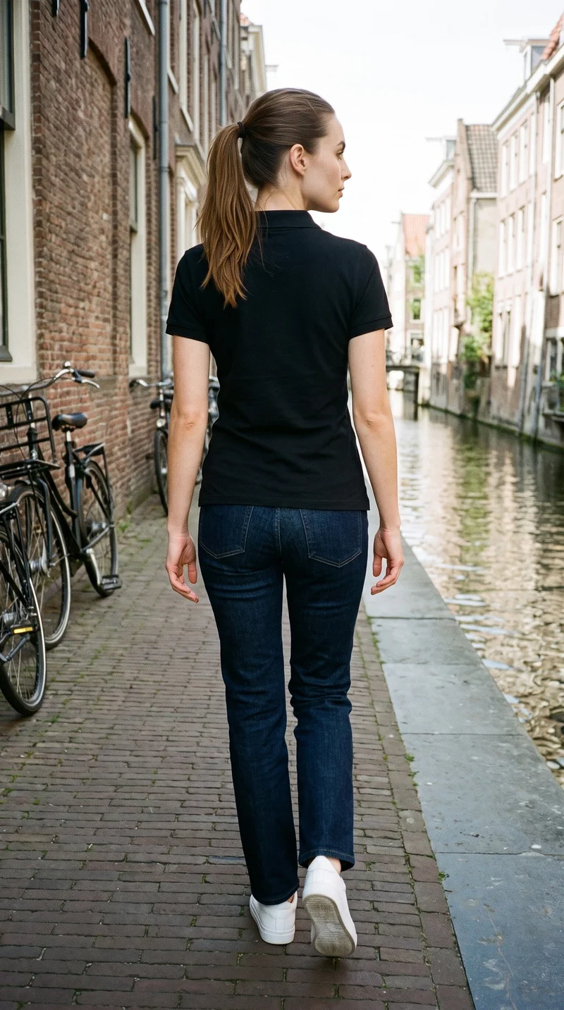 A 29-year-old Caucasian woman wears a black polo shirt in a full-body rear view while walking. A canal bridge with bicycles forms the backdrop.