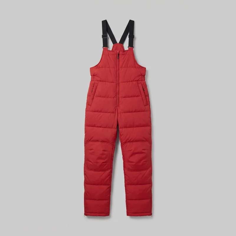 Red insulated bib snow pants are shown laid flat in a full front view. The garment has adjustable shoulder straps, a high bib with a centered front zipper, horizontal quilted baffle panels, slanted zip pockets at the upper thighs, reinforced knee panels, and small zipper openings at the outer leg hems.