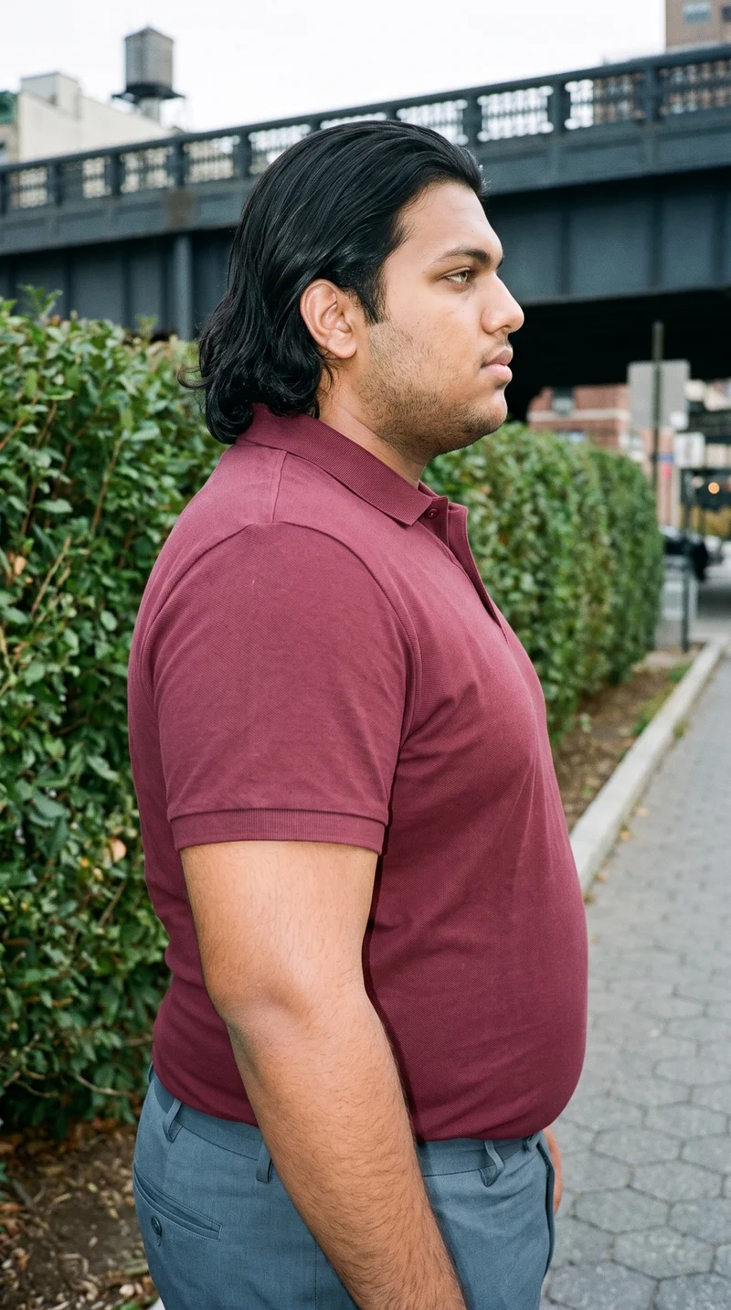 Men's Burgundy Pique Polo Shirt, Upper body at Side, Clean Catalog lighting