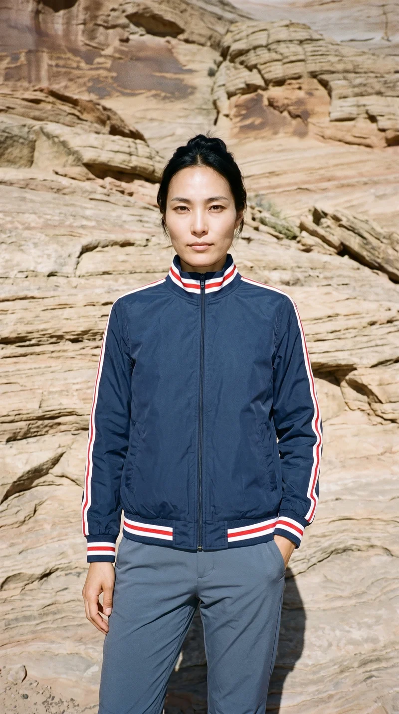 Women's Navy Retro Track Jacket, Three-quarter length at Front, Natural E-Commerce lighting
