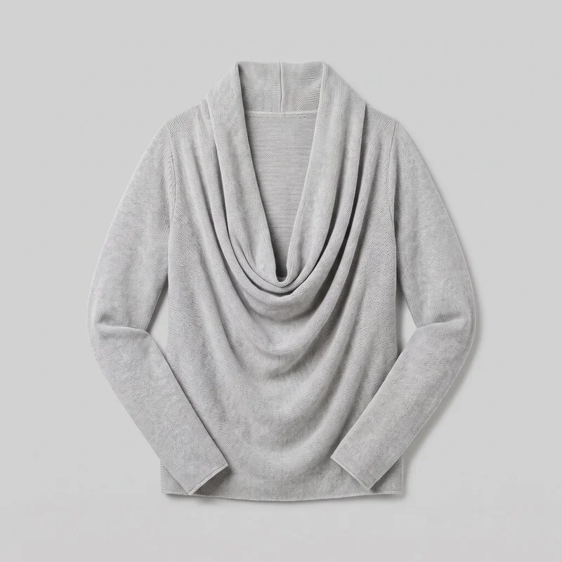 Grey knit pullover shown in a mostly complete standalone front view. The relaxed top has long sleeves with slightly tapered straight cuffs, a straight full-length hem, and a deep cowl neckline formed by wide folded edges that fall into layered U-shaped folds over the chest.