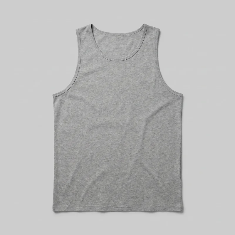 A grey men's tank top is shown laid flat in a standalone front view. The sleeveless design has broad shoulder straps, a scoop neckline, deep curved armholes, a straight silhouette, and a full-length straight hem, with stitched binding around the neckline, armholes, and hem and visible side seams.