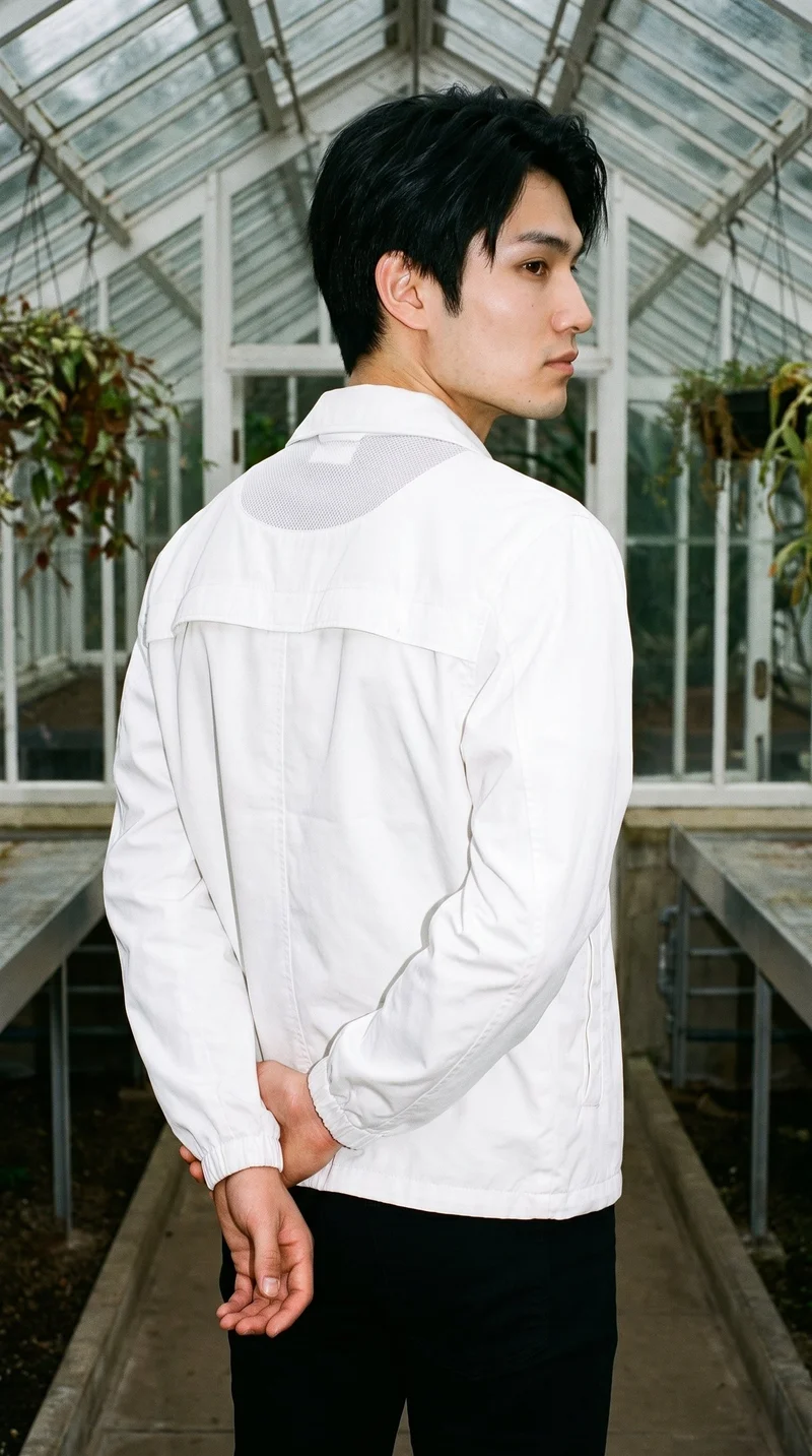 A 19-year-old Japanese man wears a white windbreaker in an upper-body composition, shown from an angled rear view with his hands behind his back. A greenhouse conservatory forms the backdrop.