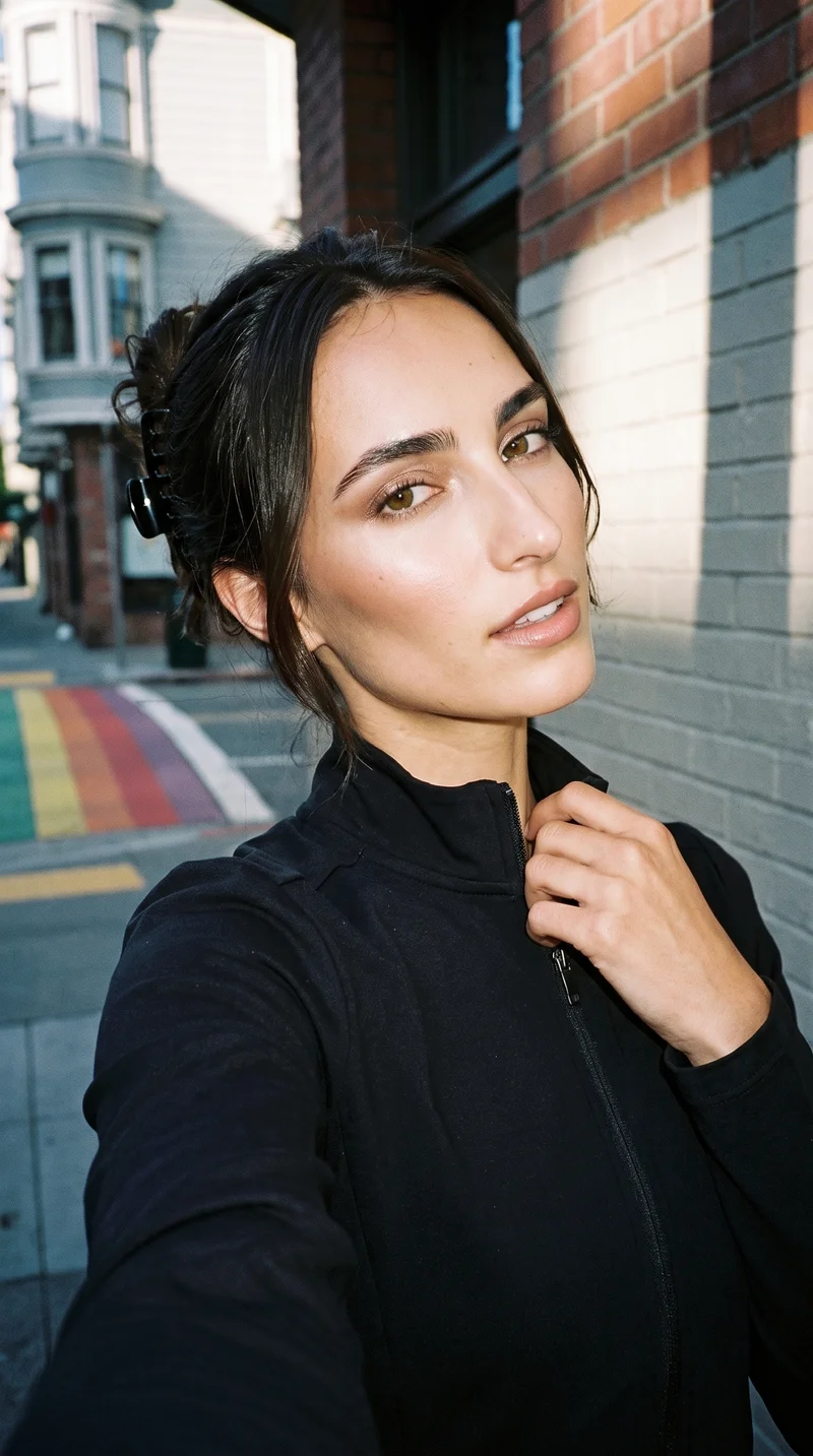 Women's Black Tracksuit Top, Selfie at Front, Flash Editorial lighting