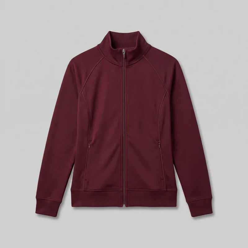 A burgundy women's tracksuit top is shown laid flat in a standalone front view, with its full outline mostly visible. The jacket has a high ribbed stand collar, a full-length center-front zipper, long raglan sleeves with ribbed cuffs, a straight ribbed hem, and two zippered front hand pockets integrated into seam panels. Curved and diagonal seam details run from the collar across the upper chest and sides, and the plain surface has no visible logos or embellishments.