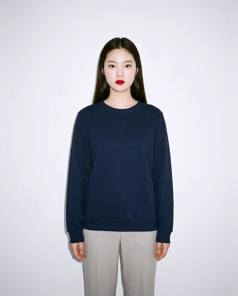 Women's Navy Cotton Crewneck Sweatshirt, Three-quarter length at Front, Clean Catalog lighting