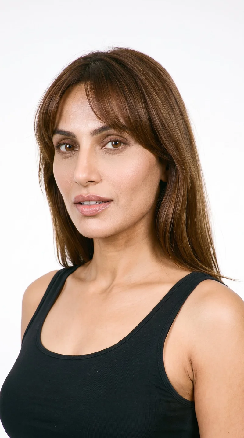 A 34-year-old Indian woman with medium skin and an olive-green undertone has an elongated face with high cheekbones. Her medium-thickness eyebrows frame very dark, near-black eyes, and she has very full lips. Brown hair falls in longer curtain bangs with a centre part, framing both sides of her face.