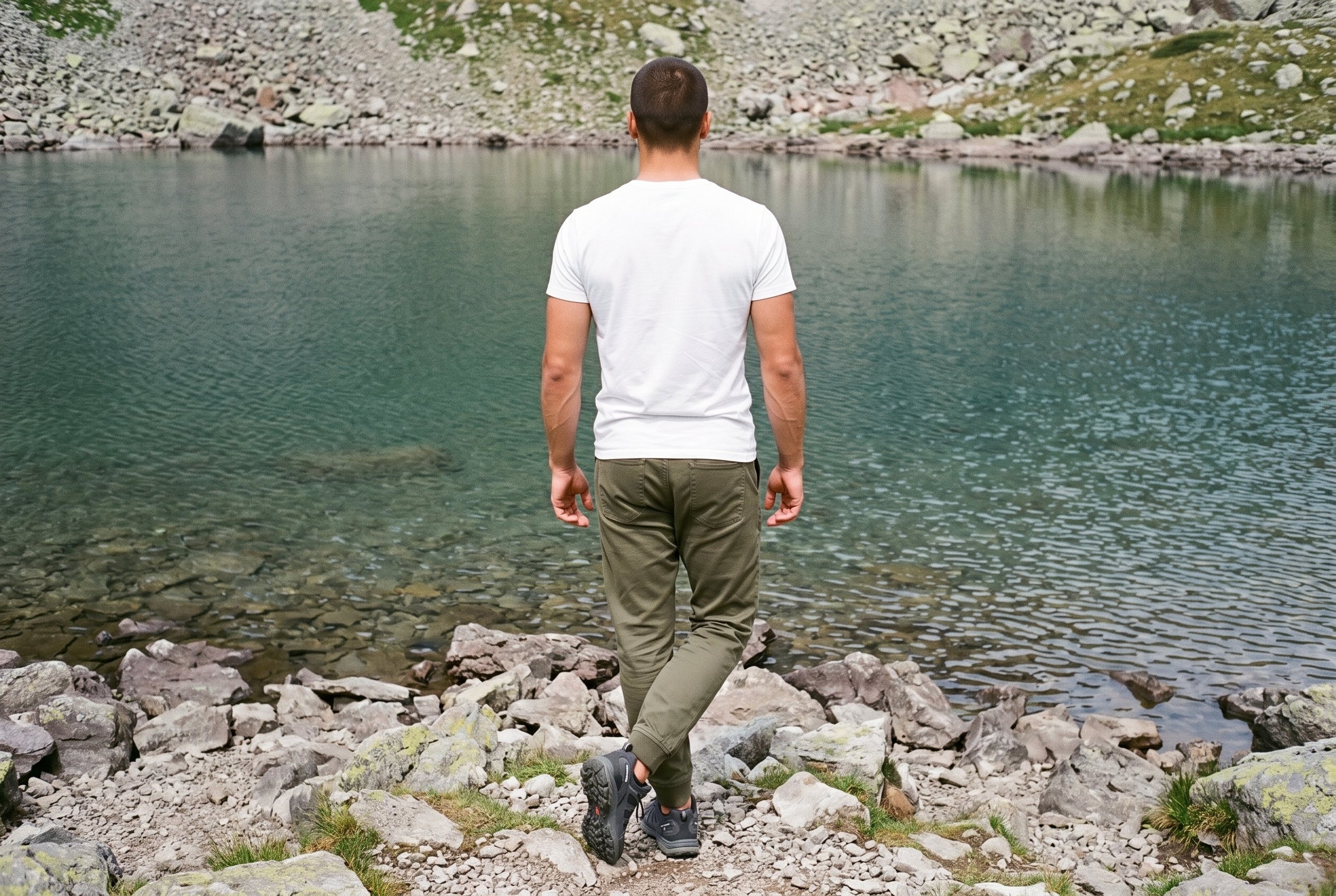 An 18-year-old Turkish male model is shown full body from the rear wearing olive joggers with his ankles crossed. An alpine lake shore forms the backdrop.