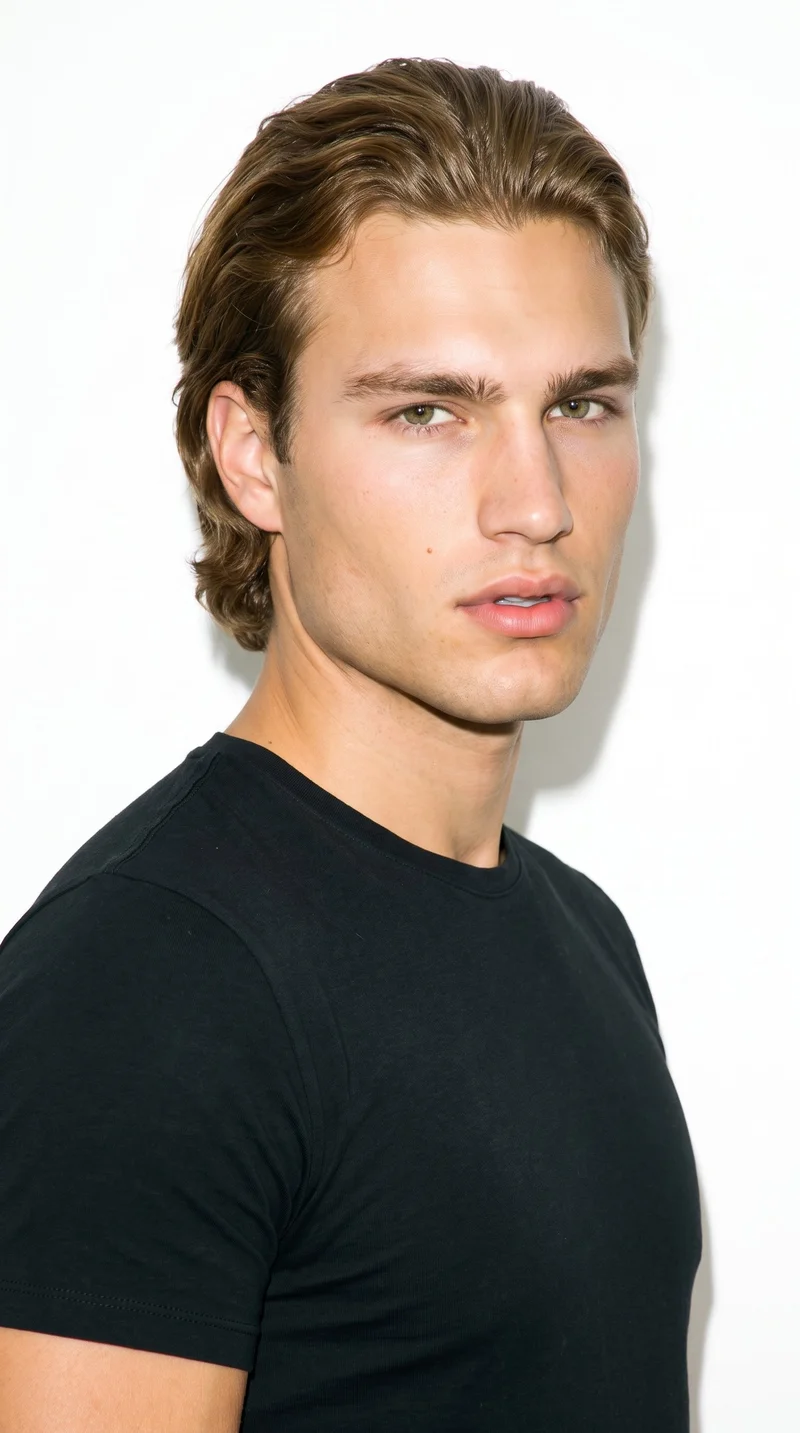 A 23-year-old Caucasian man with medium olive skin and a warm greenish-golden undertone. His square face has a broad forehead and a strong, defined jaw, with thick eyebrows and hazel eyes containing green-gold flecks. He has full lips, medium-to-long dark-blonde hair brushed back with movement past the ears, and a clean-shaven, smooth face.