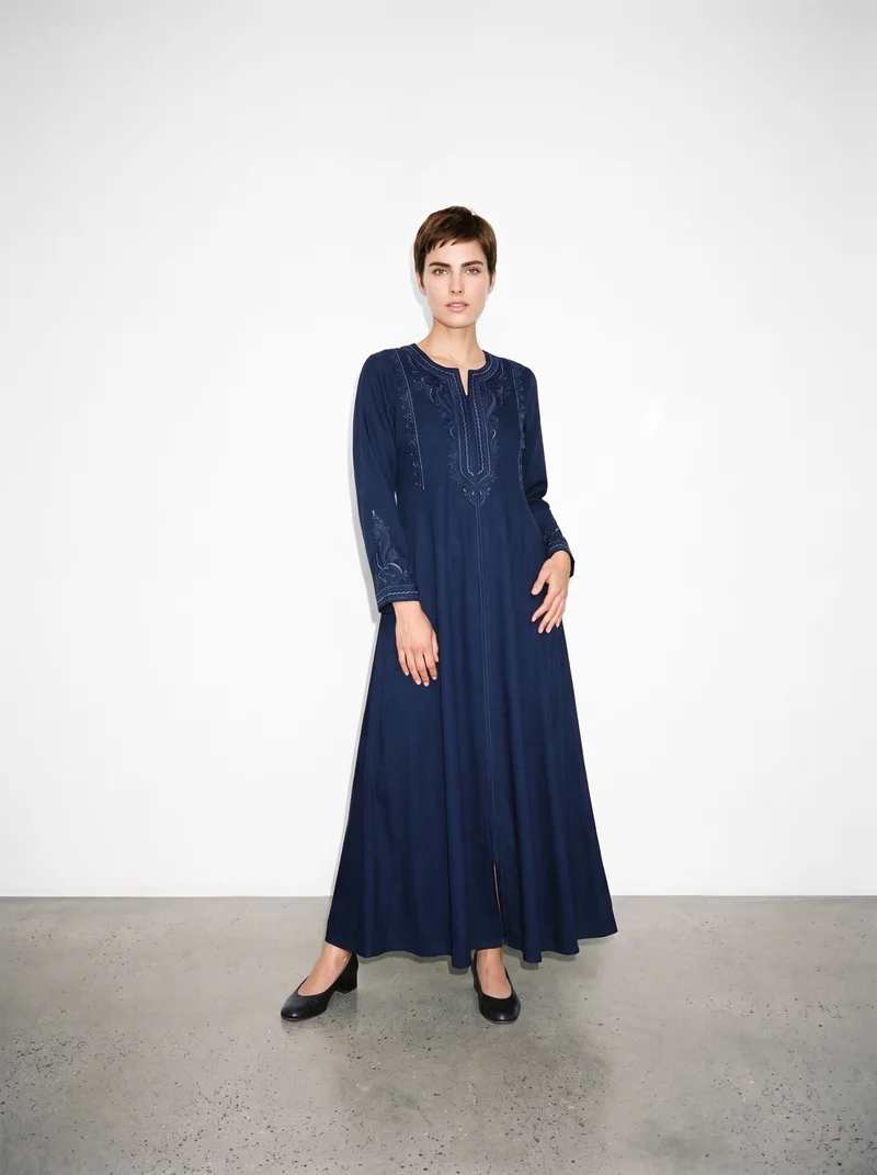 Navy Embroidered Abaya, Full body at Front, Natural E-Commerce lighting