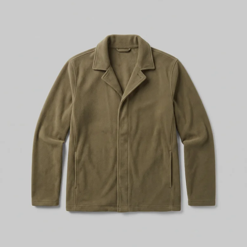 An olive fleece jacket is shown laid flat in a mostly complete front view. It has a straight regular-fit body, long set-in sleeves, a turned-down point collar with notched lapel-like edges, a covered center placket, vertical panel seams, low vertical slit pockets, stitched edge bands at the cuffs and hem, and an allover nubby pile texture.