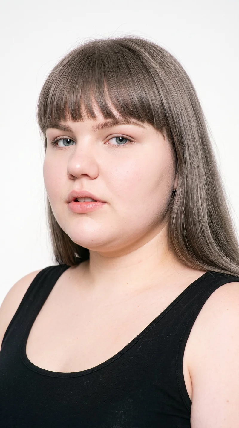This 20-year-old Caucasian woman has an olive, medium skin tone with a peach undertone. Her face has soft, youthful features, full cheeks, and rounded contours. She has thin eyebrows, blue eyes with a cool undertone, and medium lips. Ash-brown hair with a cool undertone falls across her forehead in bangs, framing the upper face.
