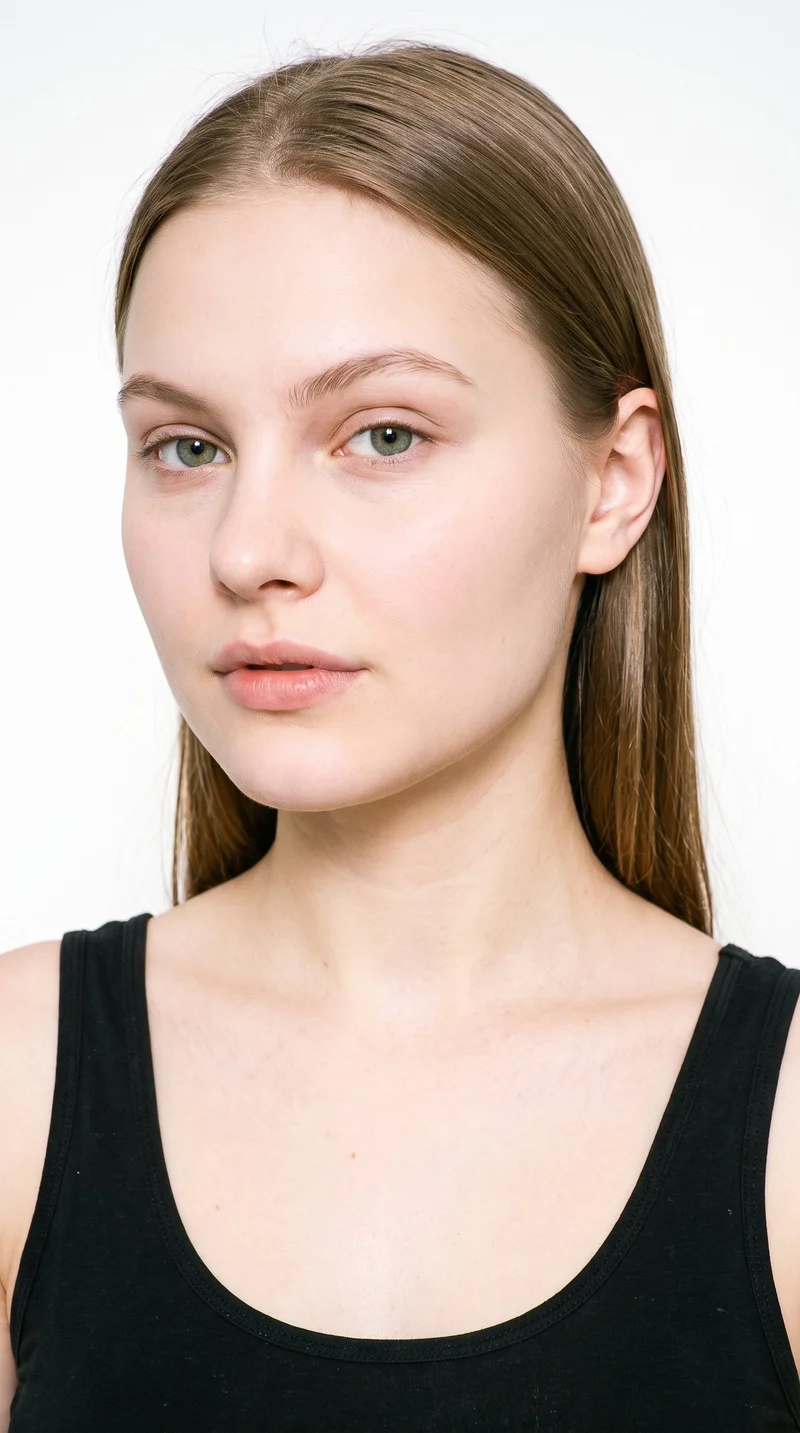 A 25-year-old Caucasian woman with porcelain skin and a neutral undertone has a soft, youthful baby-face structure, full cheeks, and rounded contours. Her eyebrows are thin, and her blue eyes have a cool undertone. She has thin lips and straight brown hair divided evenly at the centre and worn smooth.