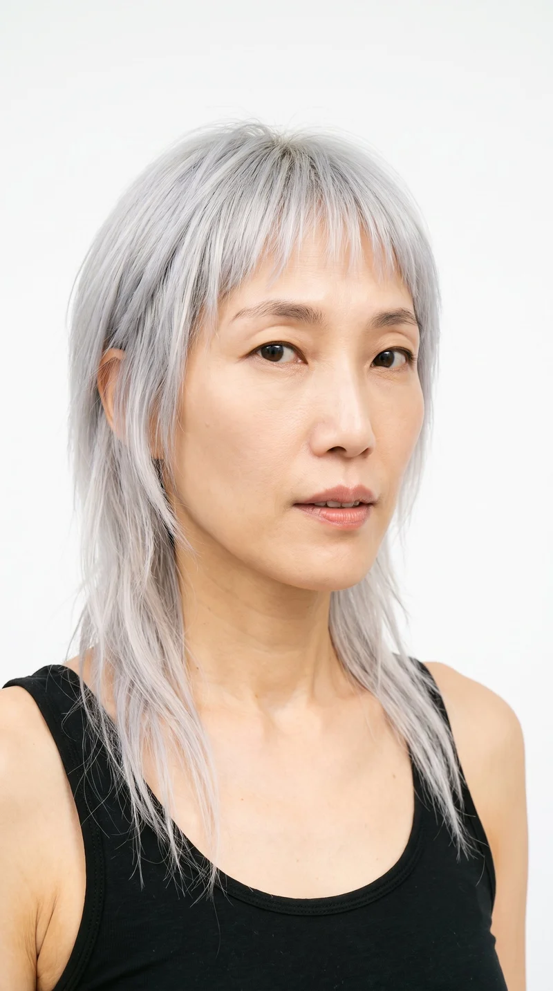 A 54-year-old Korean woman with fair skin and a warm yellow undertone. Her face is long, with more length than width, a tall forehead, and elongated cheeks. She has thick eyebrows, very dark near-black eyes, and medium-sized lips. Her silver-grey hair has a cool shine and is styled in a layered wolf cut with volume at the crown and tapered, textured lengths.