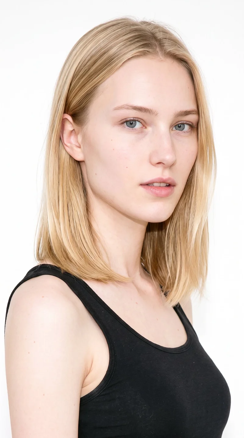 A 19-year-old Caucasian woman with pale skin and a warm golden undertone has a triangular face, with a wide jaw narrowing toward the forehead and emphasis on the lower face. She has thin eyebrows, medium lips, and blue eyes with a cool undertone. Her mid-tone blonde hair is styled in a long bob that falls between the chin and shoulders.