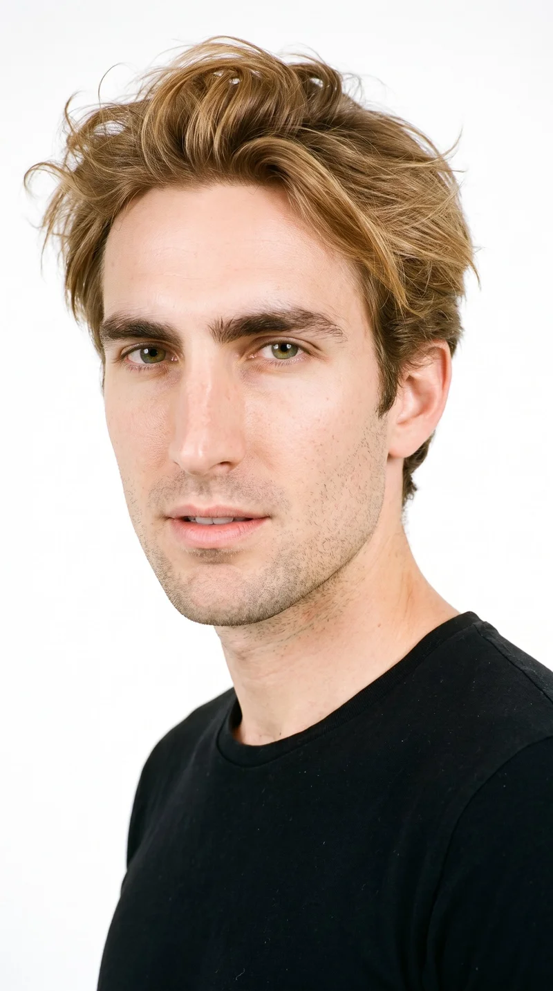 This 33-year-old Caucasian man has fair skin with a peach undertone and a Roman face shape marked by a prominent nose line and defined jaw. His thin eyebrows frame amber eyes with a golden tone, and his lips are medium in fullness. His honey-blonde hair is loosely styled with tousled, deliberately undone texture and natural movement. He is clean-shaven, with smooth skin across the entire face.
